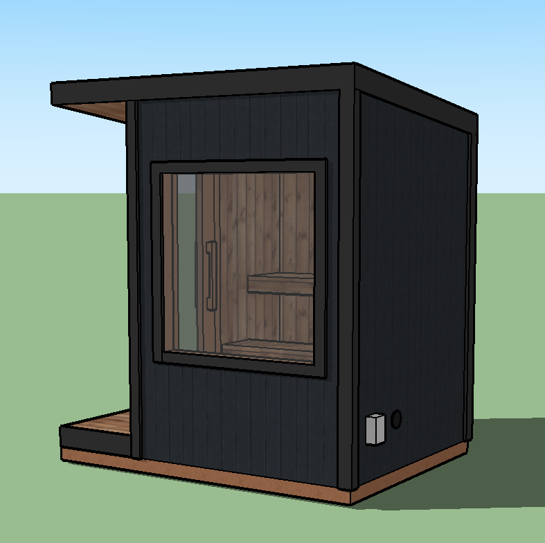 Small black sauna room with a large glass door and wooden interior, situated outdoors on a grassy area.