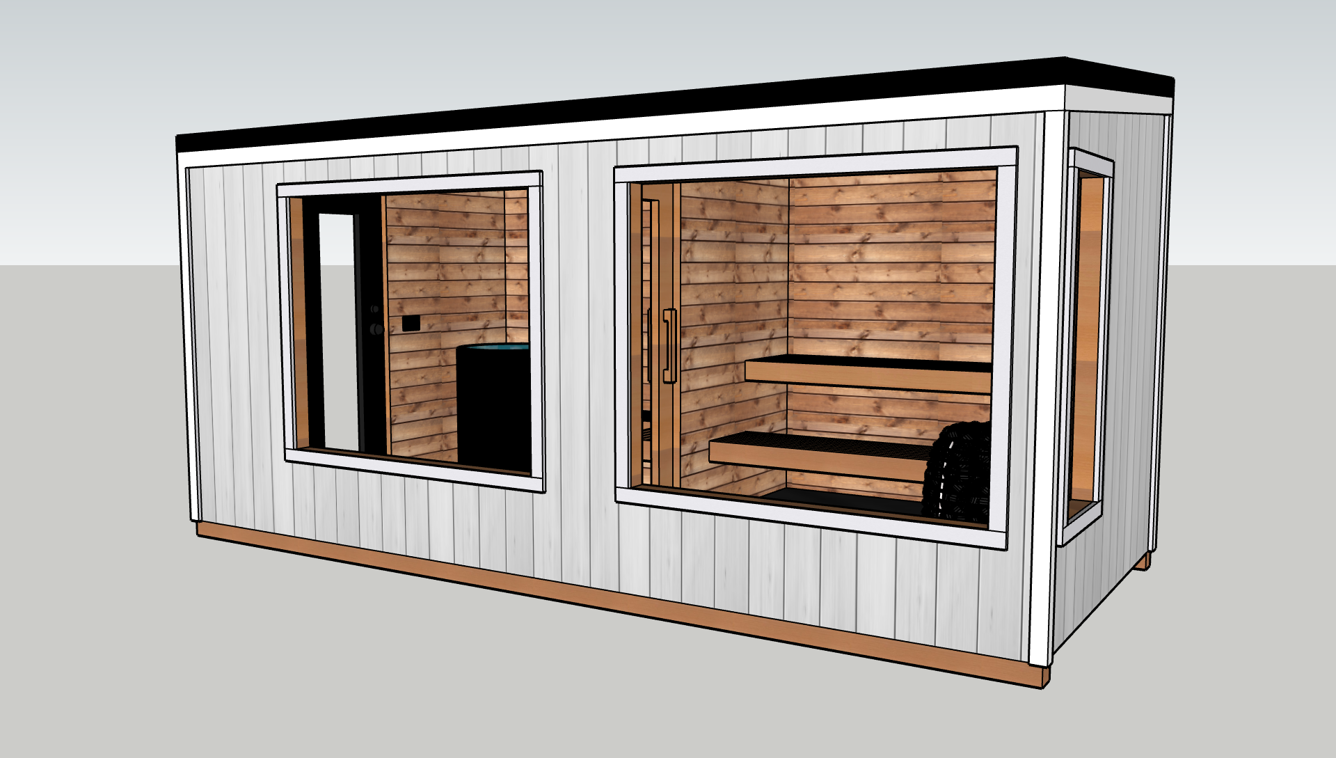 A modern sauna with exterior white paneling, large glass windows, and wooden interior seating.