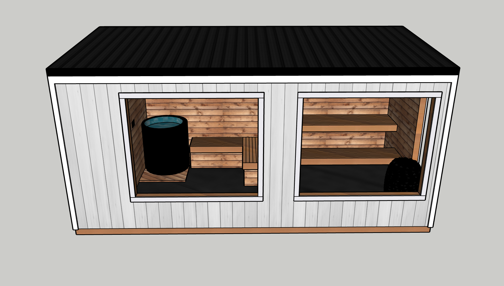 A 3D rendering of a sauna with two large glass windows showing the interior, which has wooden benches, a black water barrel, and dark flooring.