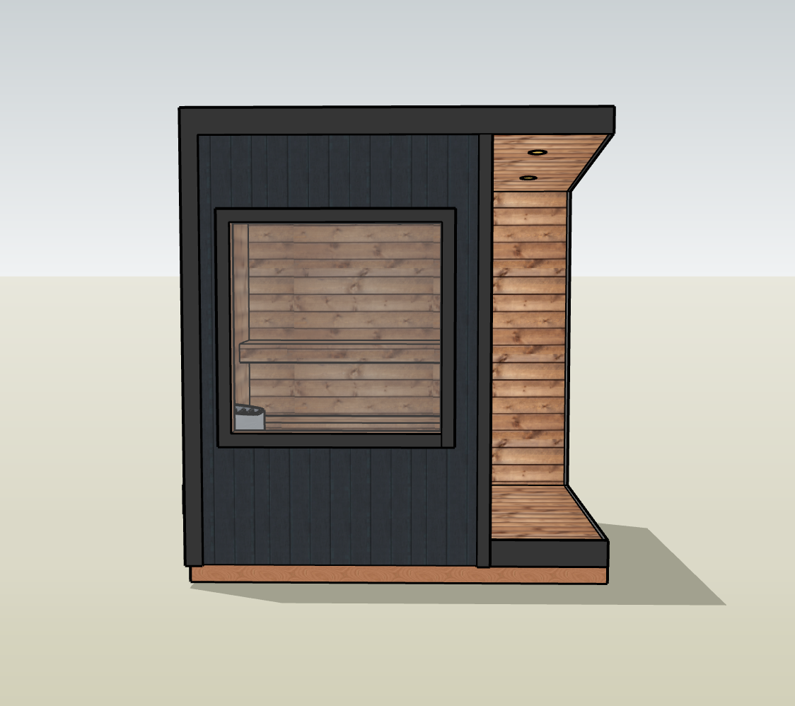 A modern outdoor sauna with a glass front door, black exterior siding, and wooden interior panels.