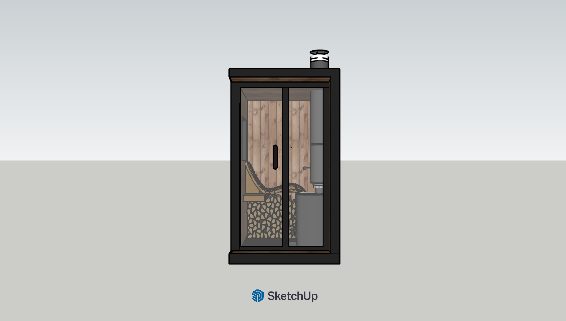 A digital sketch of a small sauna cabin with black frame, wooden interior, and glass doors and sides. Inside, there is a wooden bench, a traditional sauna stove, and stone elements. A vent or chimney is on the roof, and the SketchUp logo is below the