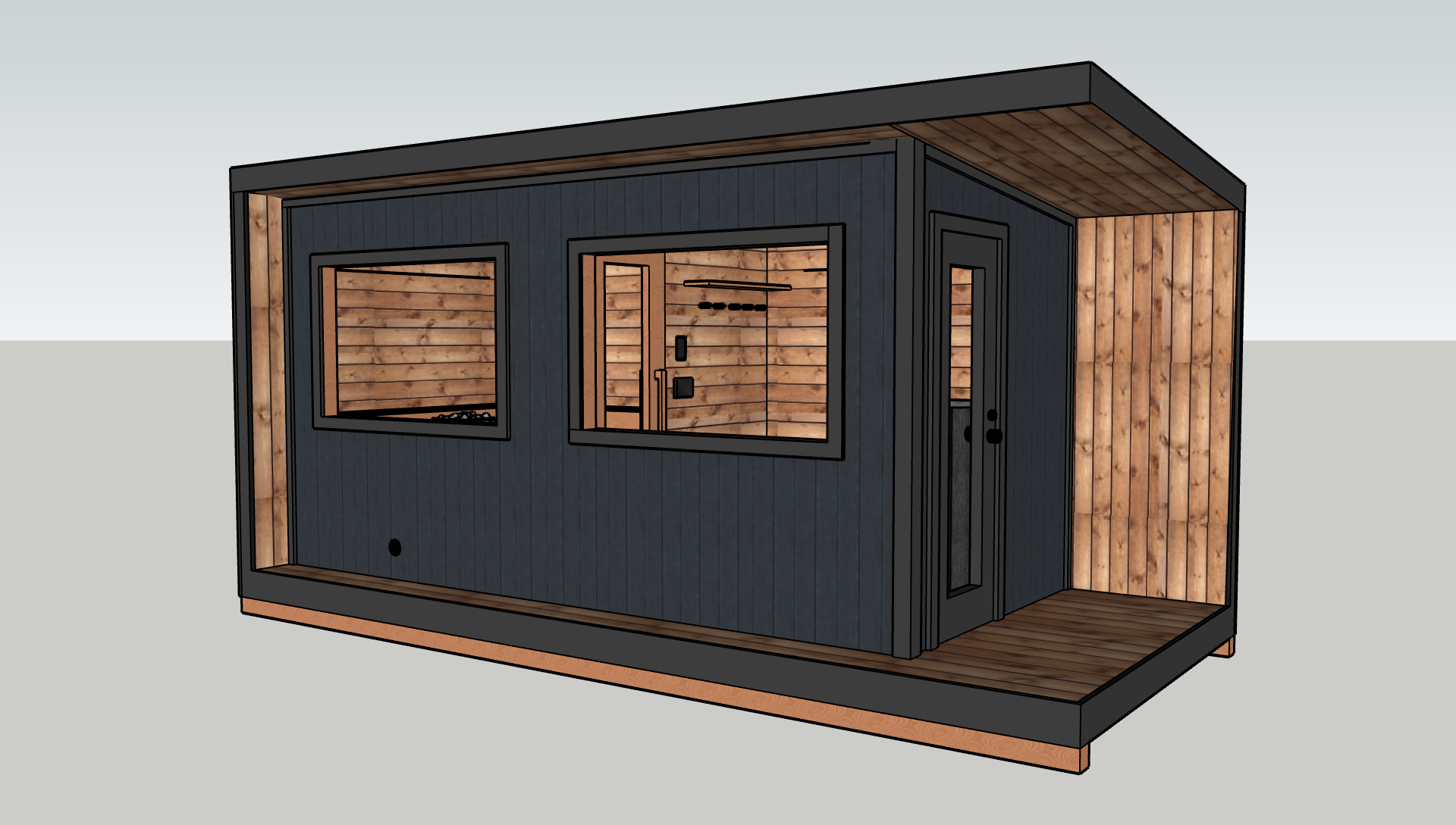 3D rendering of a modern tiny house with black exterior walls and wooden interior accents, featuring large windows and a door, with a small porch area.