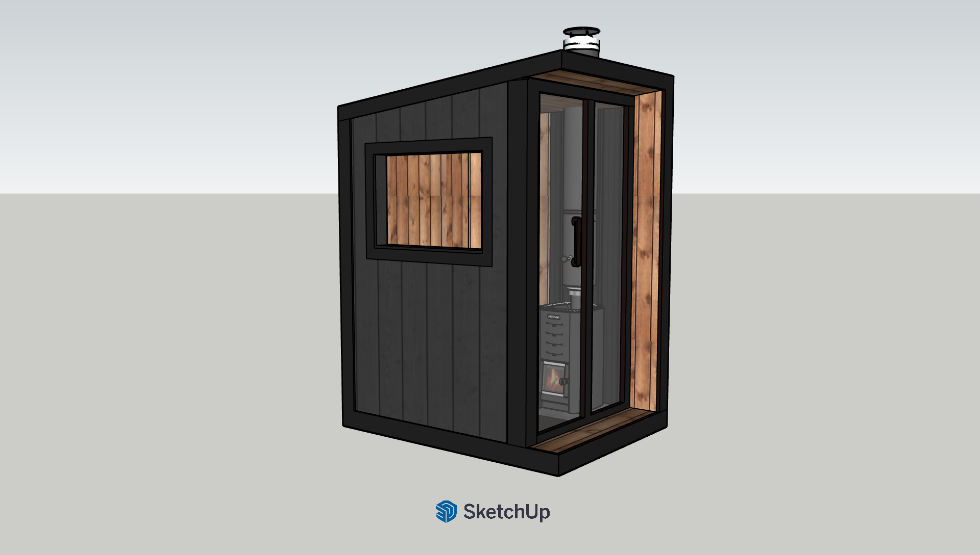 A small black and brown sauna with a glass door, a window on the side, and interior heating equipment visible inside.