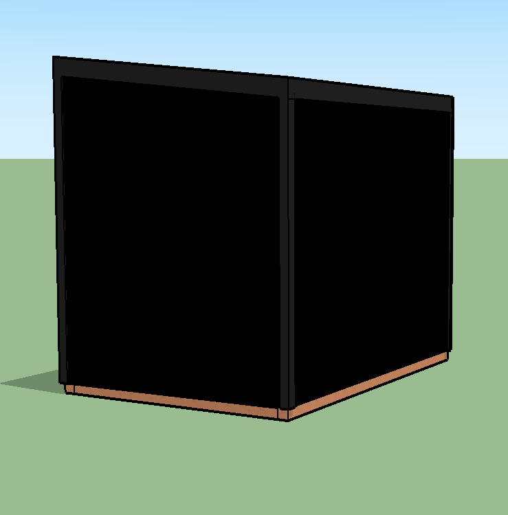 A 3D model of a black, rectangular structure with a wood base, sitting on grass with a clear blue sky in the background.
