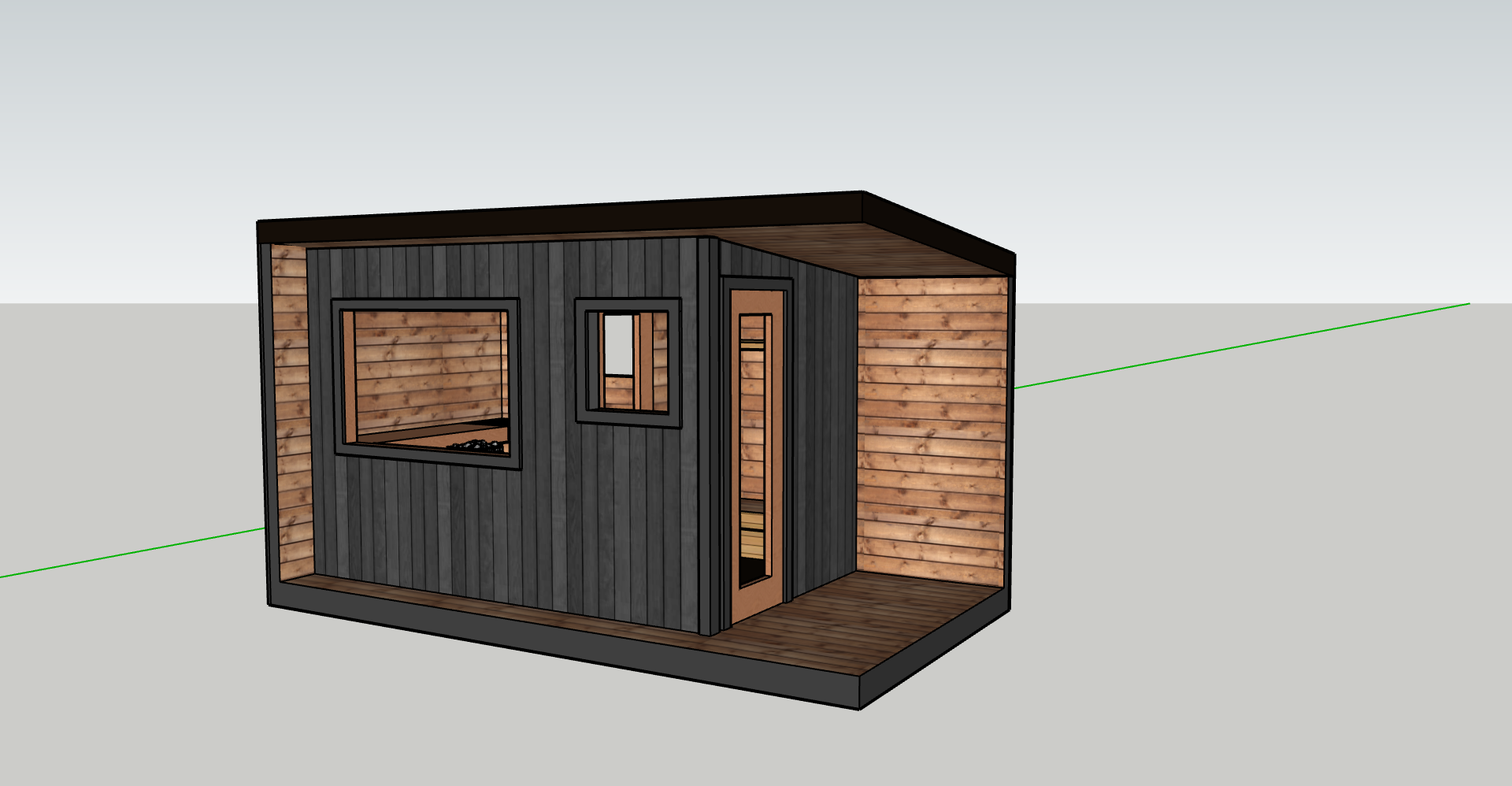 3D model of a small modern exterior building with dark and light wooden siding, and a small protected porch area.