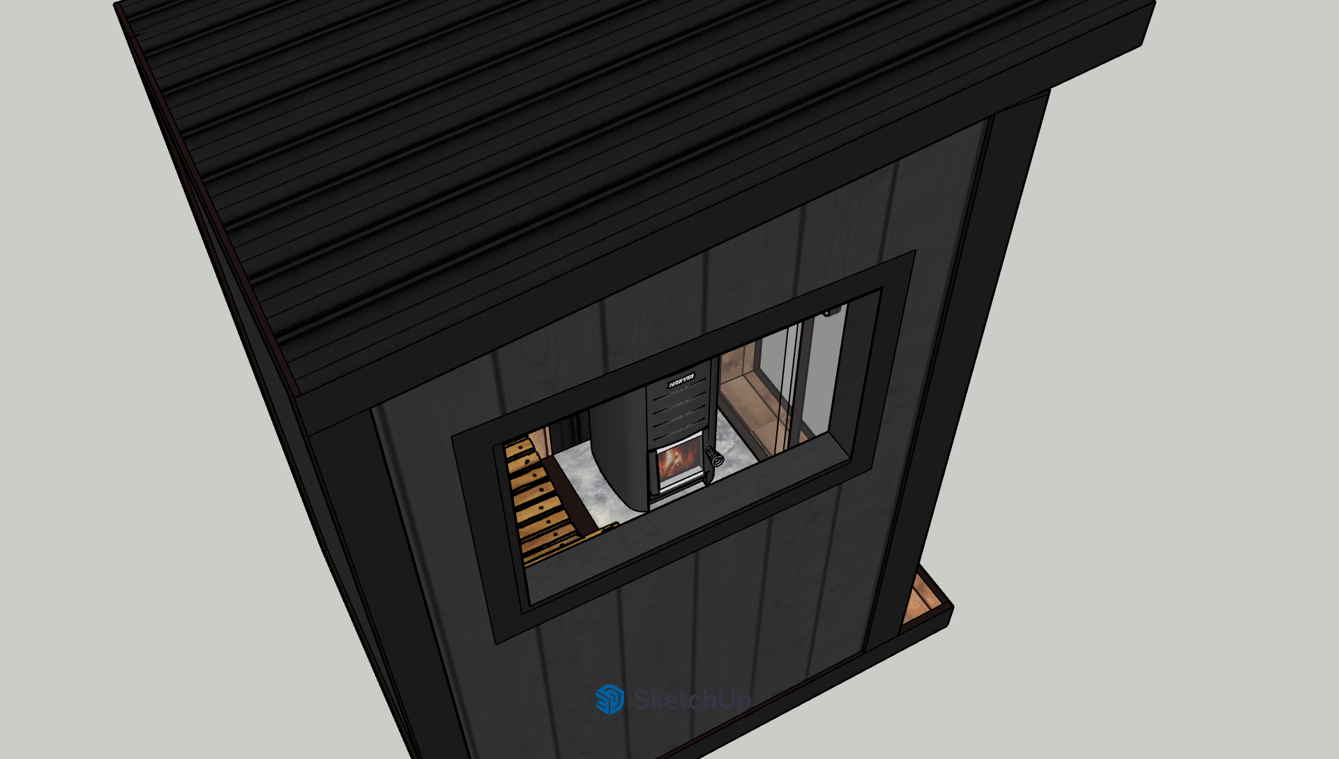 3D rendered design of a black tiny house with a view through a large window showing a stove, wooden stairs, and interior decor.
