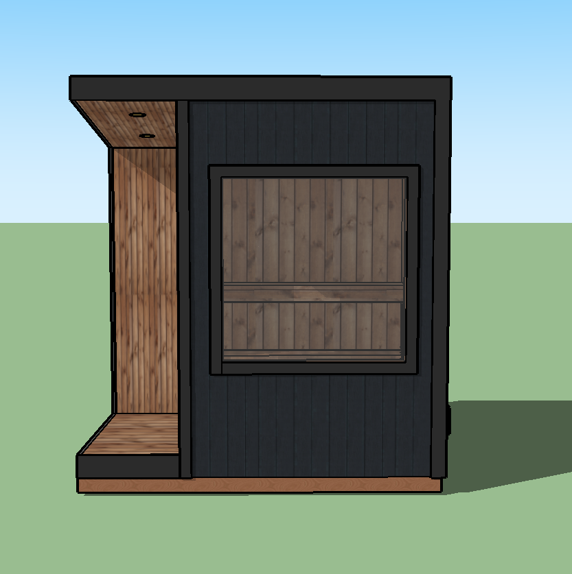 Modern outdoor shed with black exterior, wooden accents, and a large window, set on a grassy area under a blue sky.