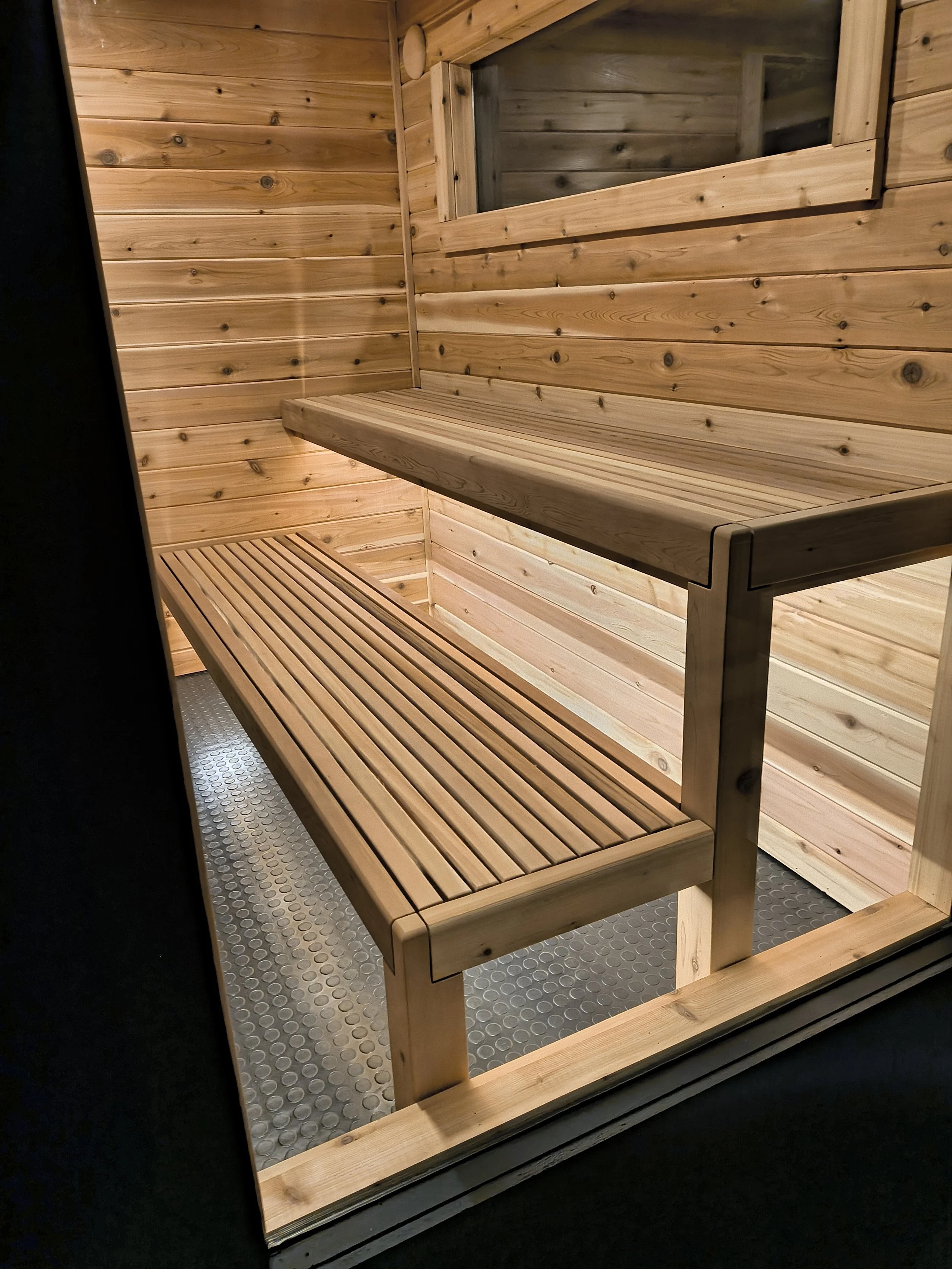 Detail shot of sauna bench construction using premium wood materials