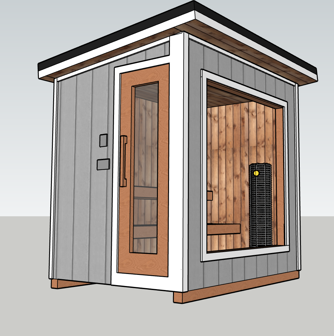 3D rendering of a tiny house with gray siding, a wooden door with glass, and a large window showing an interior with wooden wall paneling, a bench, and a heater.