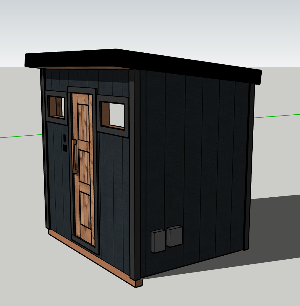 A small outdoor shed with black vertical siding, a wooden door with vertical panels, two small rectangular windows, and two electrical boxes on the side.