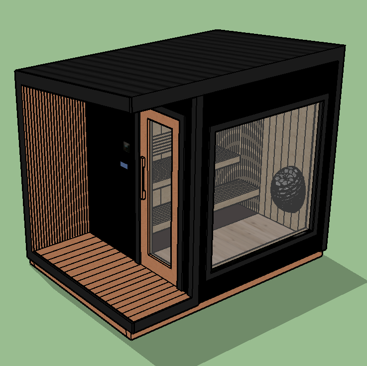 A modern outdoor sauna with black and wooden exterior, glass door, and large window, situated on a green surface.