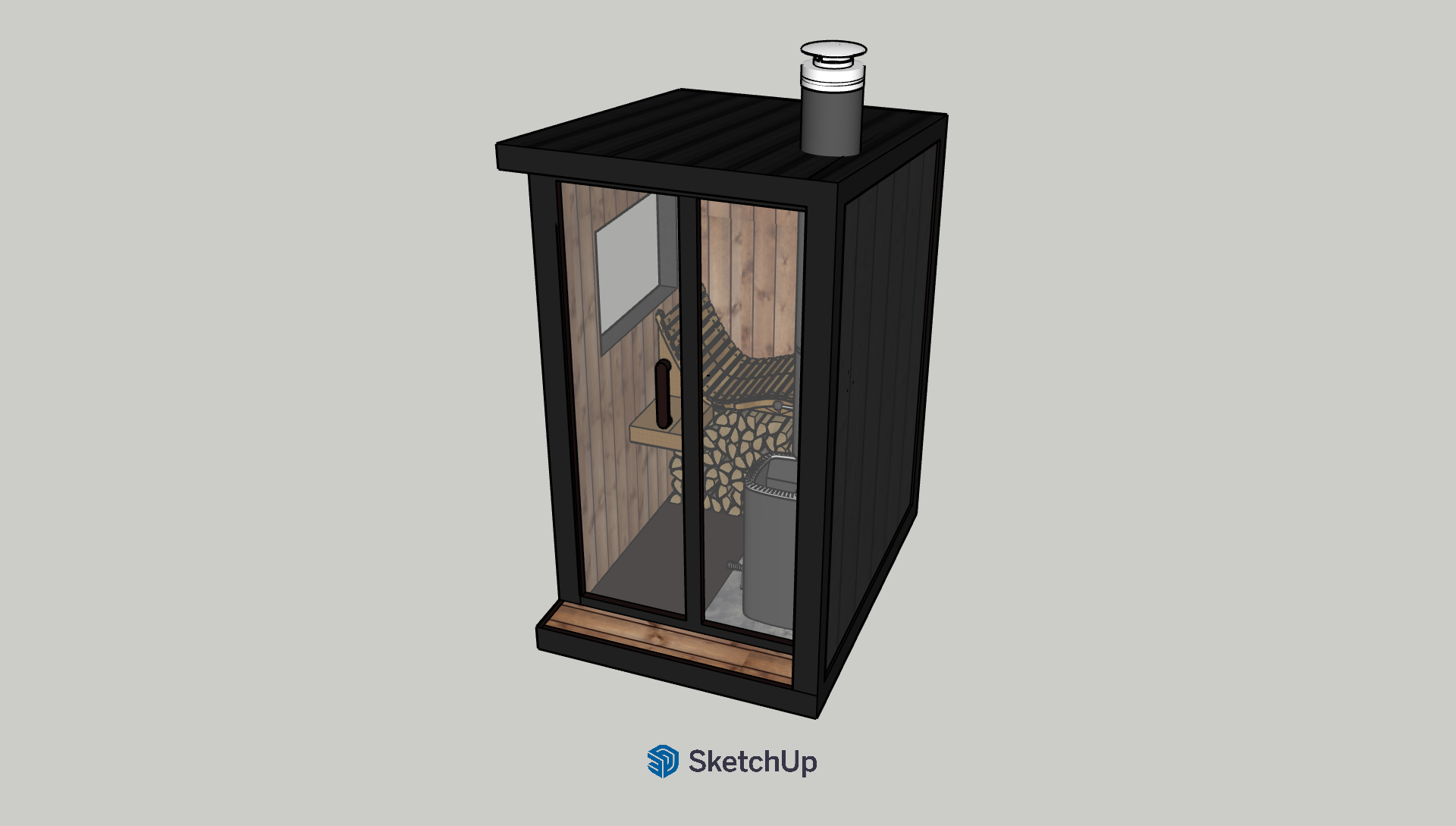 3D model of a small black outdoor sauna with wooden interior, glass sliding door, and a wood stack inside, topped with a chimney vent.