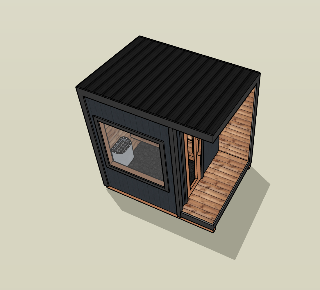 3D rendering of a small modern sauna cabin with dark exterior and wooden deck.