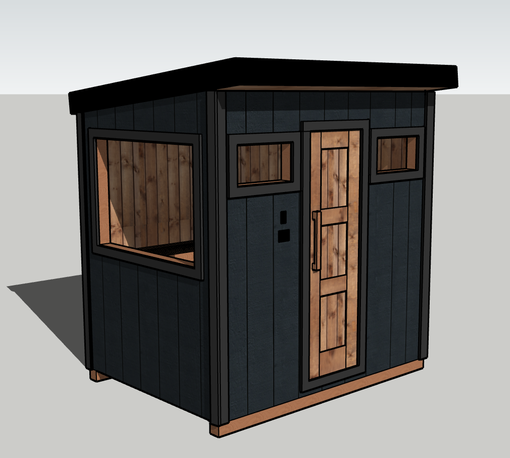 A small black and wood-paneled outdoor shed with a door and three windows.
