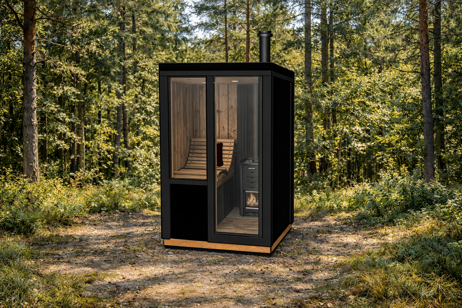 Small outdoor sauna cabin with wooden interior and black exterior, glass door, and a wooden lounge chair inside.