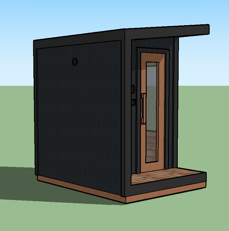 Small black modern shed with a wooden door and a glass window, situated outdoors on grass.