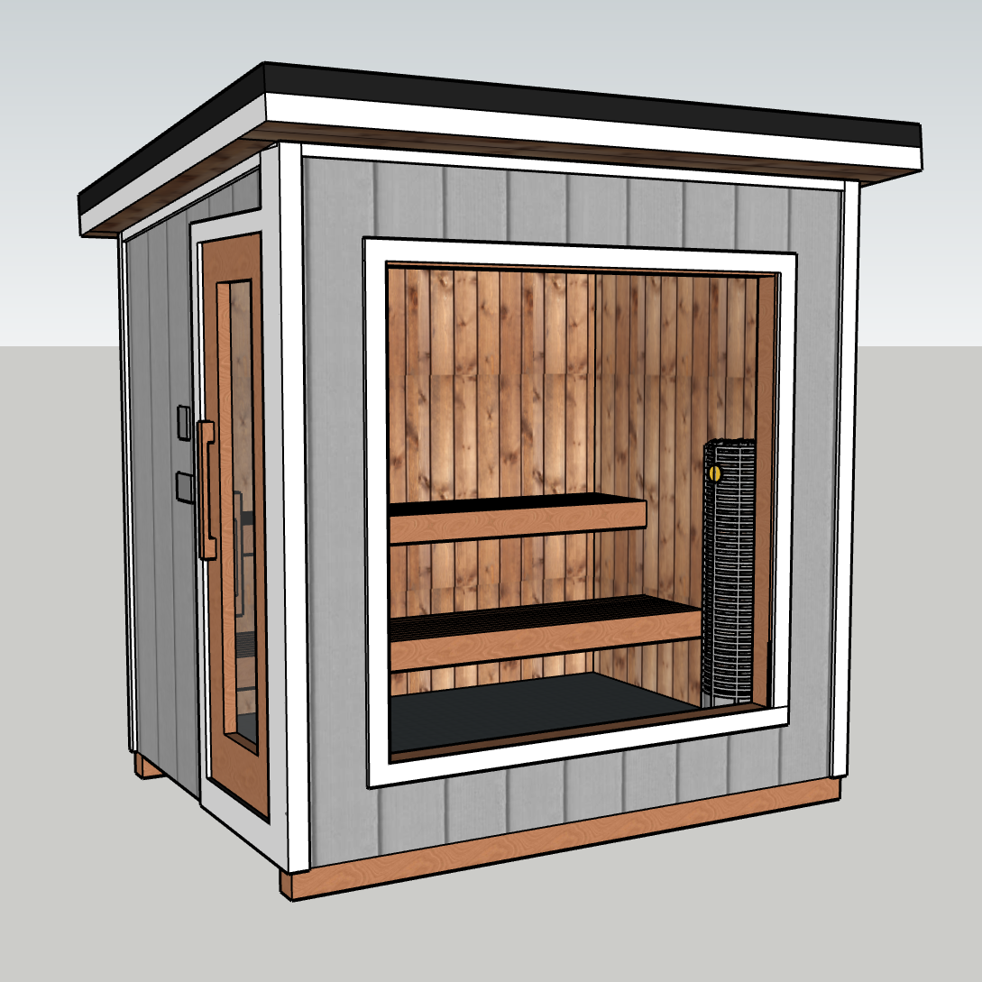 3D rendering of a small outdoor sauna with wood-paneled interior, glass door, and heater inside.