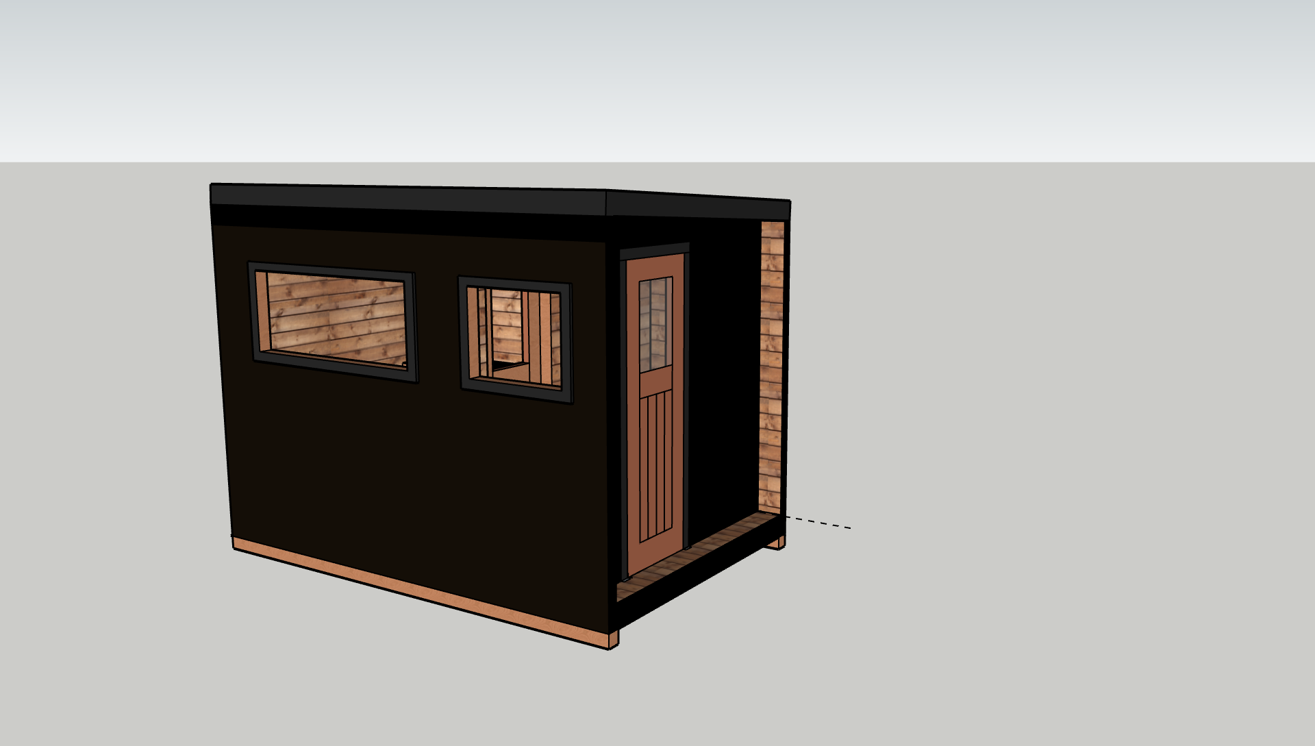 3D model of a small black and wooden tiny house with two windows and a wooden door.