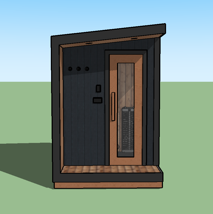 A small modern shed with a black exterior, wooden door with a vertical glass panel and a built-in thermometer, and a slightly sloped roof.