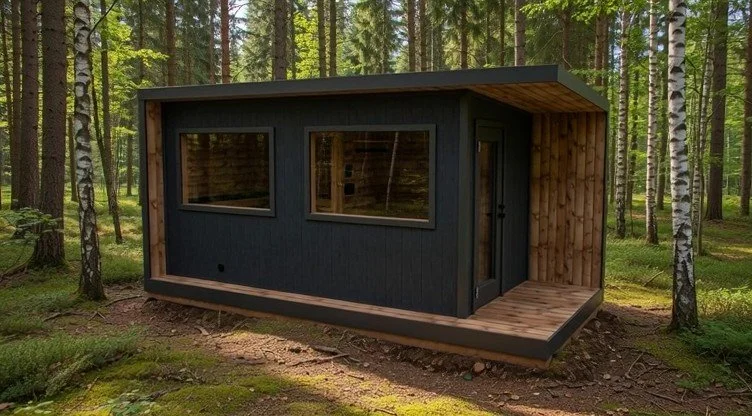 A 3D model of a small modern cabin with a dark exterior, wood accents, large windows, and a small porch area.