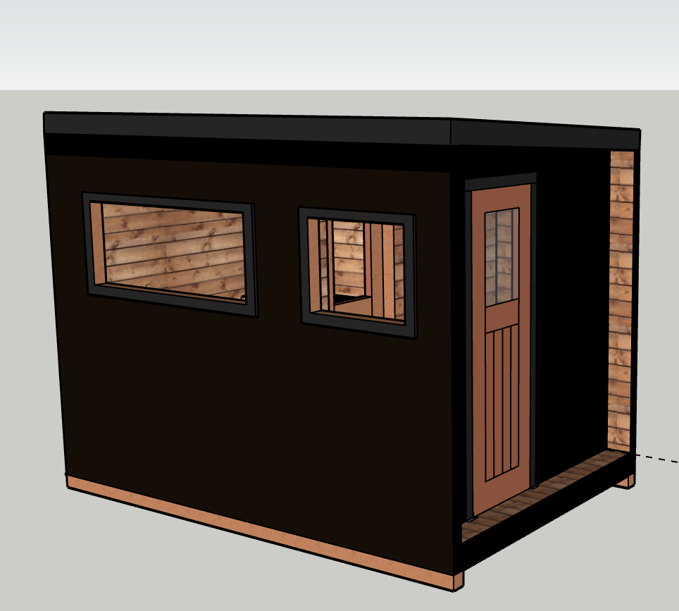 Digital rendering of a small, modern tiny house with black exterior walls, a wooden door, and two windows showing interior wooden walls.