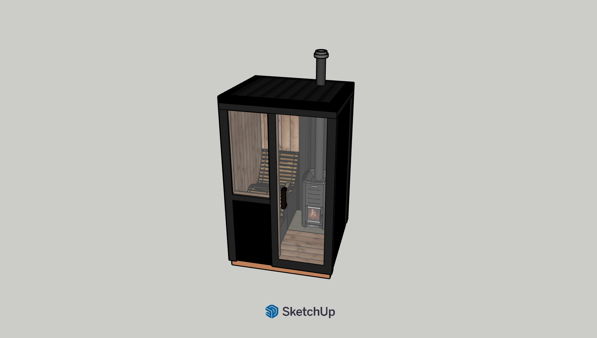 3D model of a small indoor sauna with glass door, wooden interior, and a stove with a chimney.