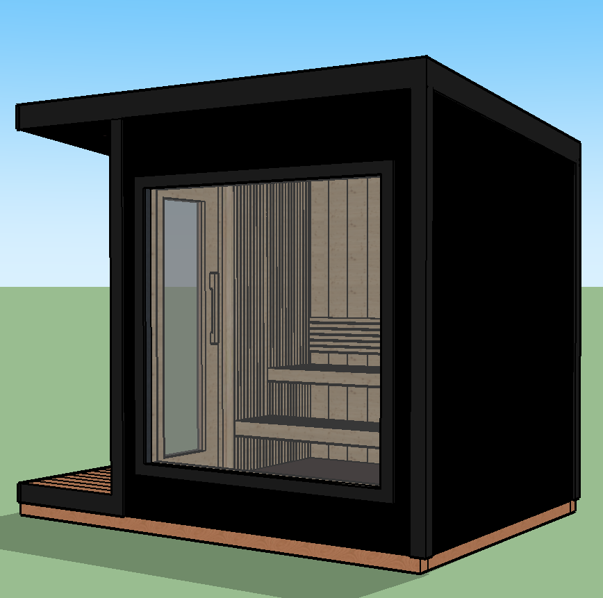 Small black modern sauna with glass door and interior wooden benches