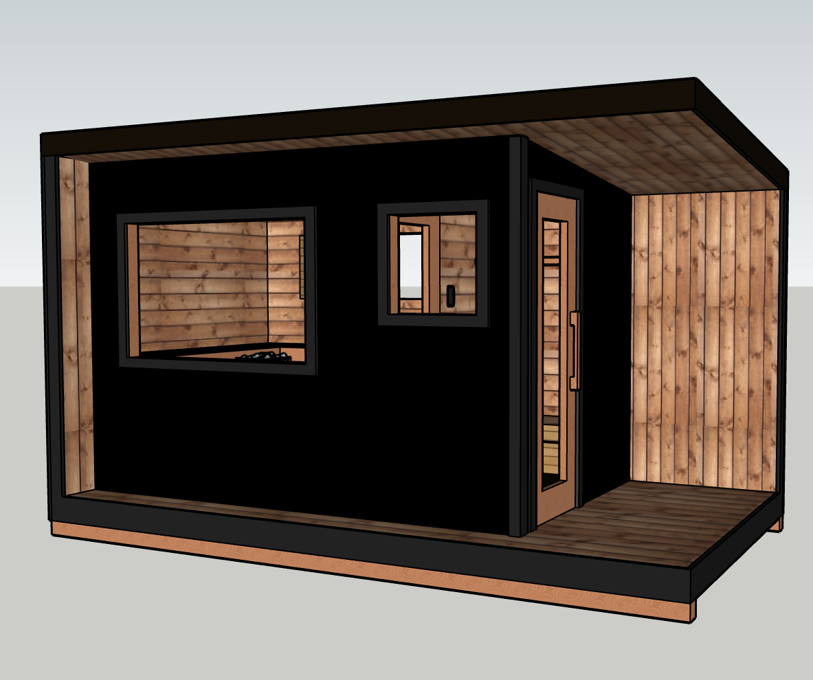 Digital rendering of a small modern outdoor pod with black exterior walls, wooden interior walls, a wooden deck, and a glass door, designed for outdoor use or as a tiny home.