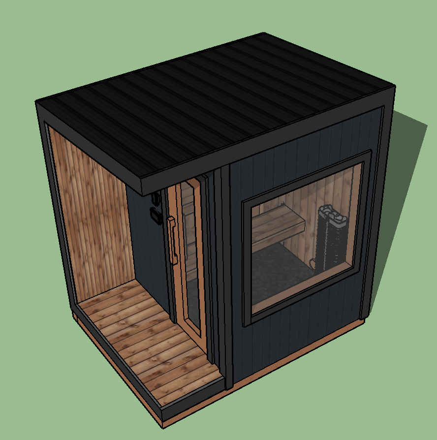 A small black wooden sauna with a glass door and indoor heating equipment, situated outside on a green surface.