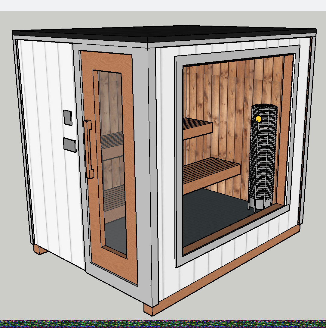 A 3D rendering of a small indoor sauna with white wooden walls, a glass door, two wooden shelves, and a cylindrical heater inside.