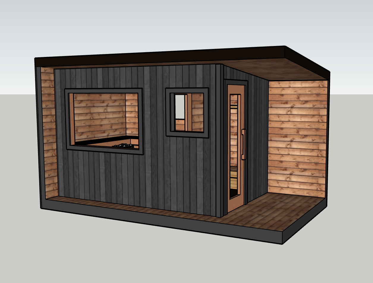 3D rendering of modern tiny house with black and wood exterior, window, and door.