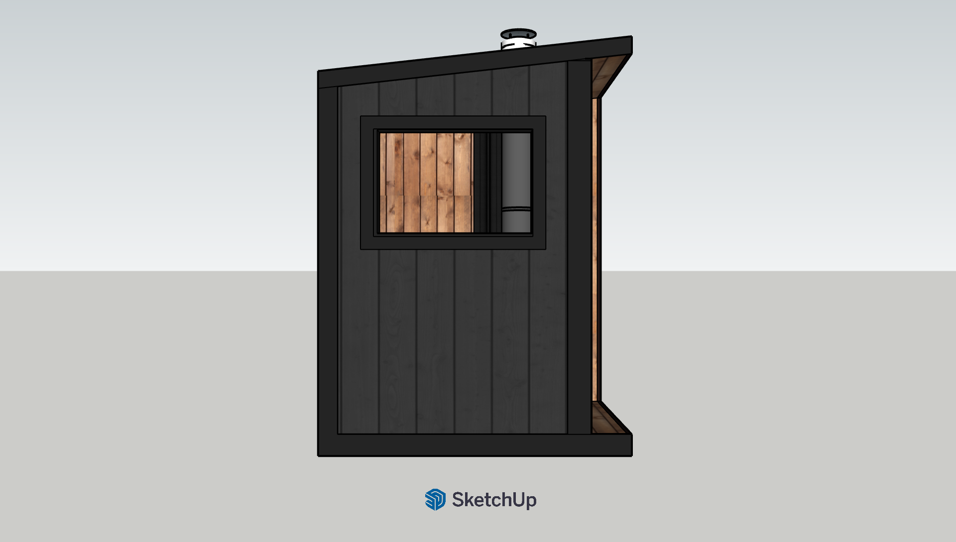 3D model of a small black wooden shed with a window on the front, showing the interior with wooden paneling and a visible refrigerator. The shed has a sloped roof and is displayed on a gray background.