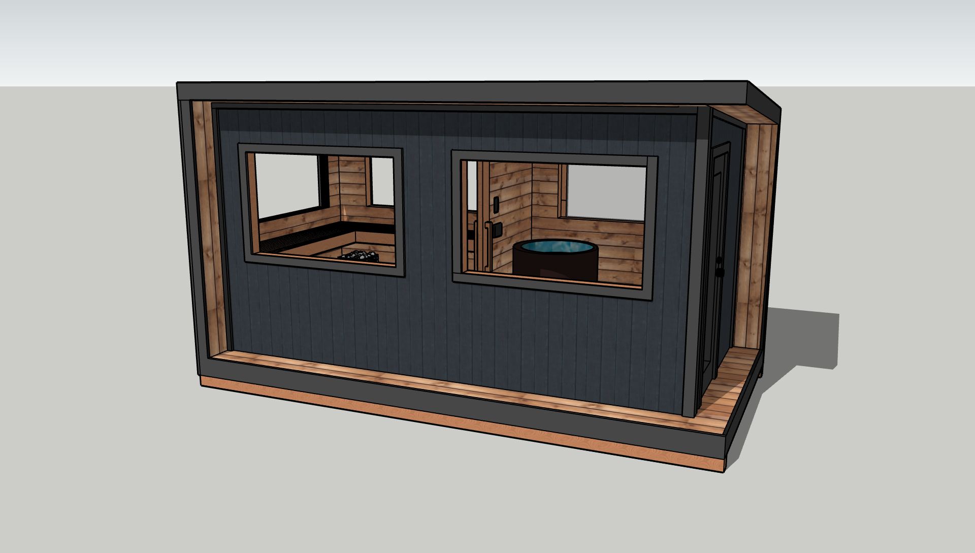 A 3D-rendered tiny house with black exterior siding and wooden trim, featuring two large windows showing a bathroom with a black tub and wood-paneled walls.