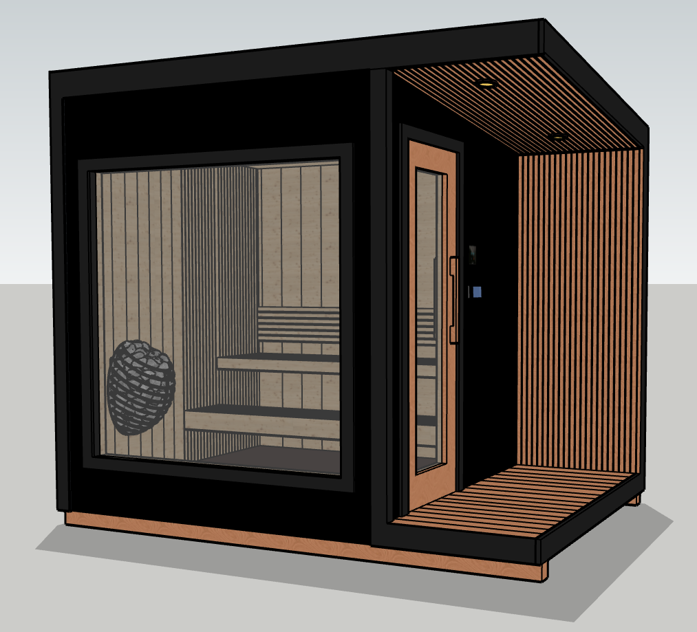 A modern outdoor sauna with a glass front door and wood interior, featuring a lounge for relaxation.