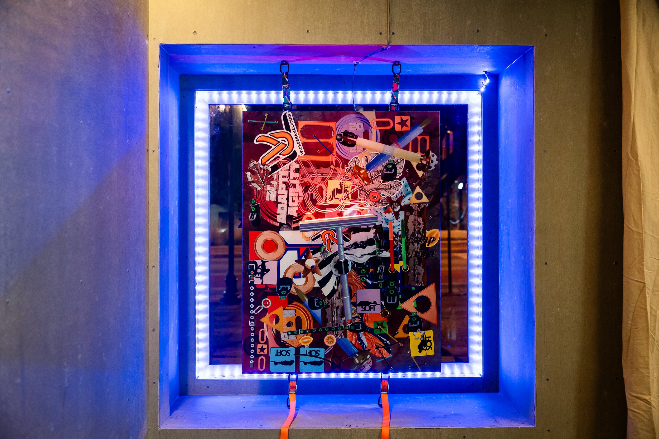 Remnant Work North Avenue Window Display, a double-sided assemblage of leftover materials from Soft Gym is presented in a window display visible from North Avenue.