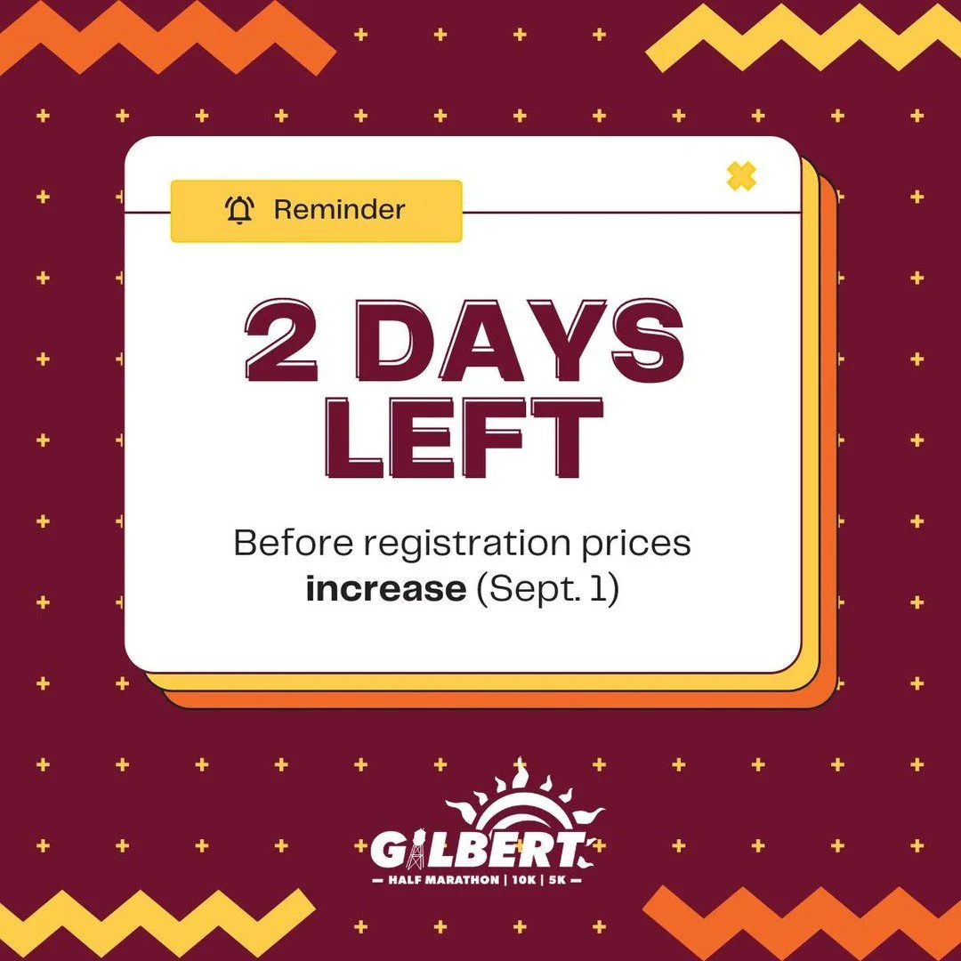 β οΈThere are only 2 days left before registration prices for the #GilbertHalfMarathon, #Gilbert10k, and #Gilbert5k increase. Don’t wait until the last minute—secure your spot at the current rates while you still can!
Current Prices:
Half