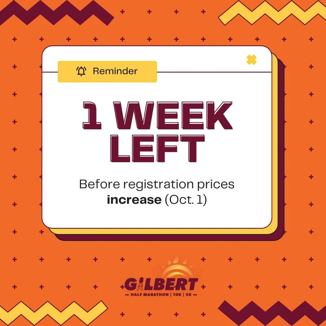 ⚠️ One Week Left to Save! ⚠️

Race day is getting closer, and so is our price increase! Registration prices for the #GilbertHalfMarathon, #Gilbert10k, and #Gilbert5k go up on October 1st, so don&rsquo;t wait until the last minute!

Current Prices:
Ha