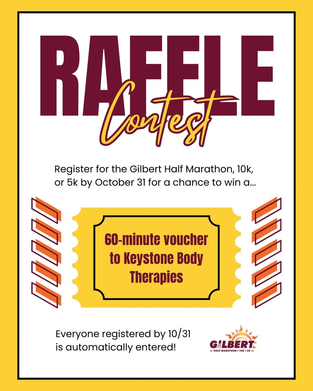 🎉 Raffle Alert! 🎉
Register for the #GilbertHalfMarathon, #Gilbert10k, or #Gilbert5k by October 31 and you’ll be entered into a raffle to win a 60-minute voucher to Keystone Body Therapies! 💆‍♀️✨
Known for their signature massage and th