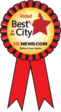 A badge with red, black, and yellow colors, featuring the words "Voted Best of the City" and a red star, along with the website VICNEWS.COM and the label Black Press Media.