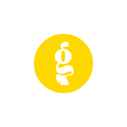 Yellow logo with a stylized white letter 'g' inside a yellow circle.