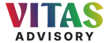 Colorful VITAS advisory logo with rainbow gradient text on a white background.