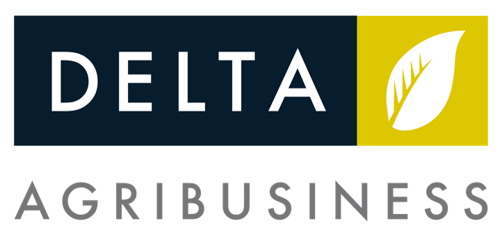 Delta Agribusiness logo featuring the word 'DELTA' in white uppercase letters and a white leaf icon on a yellow background, with 'AGRIBUSINESS' in gray uppercase letters below.