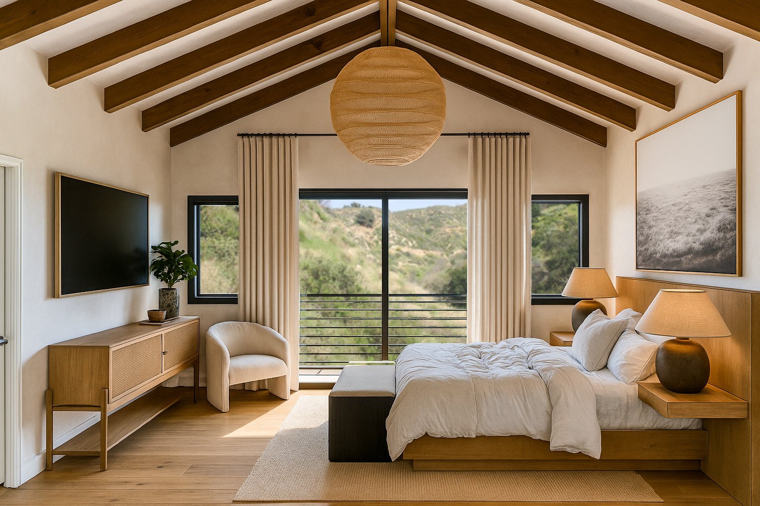 Bright bedroom with a large bed, nightstands with lamps, a chair, a sideboard with a plant, and a large window showing a canyon landscape.
