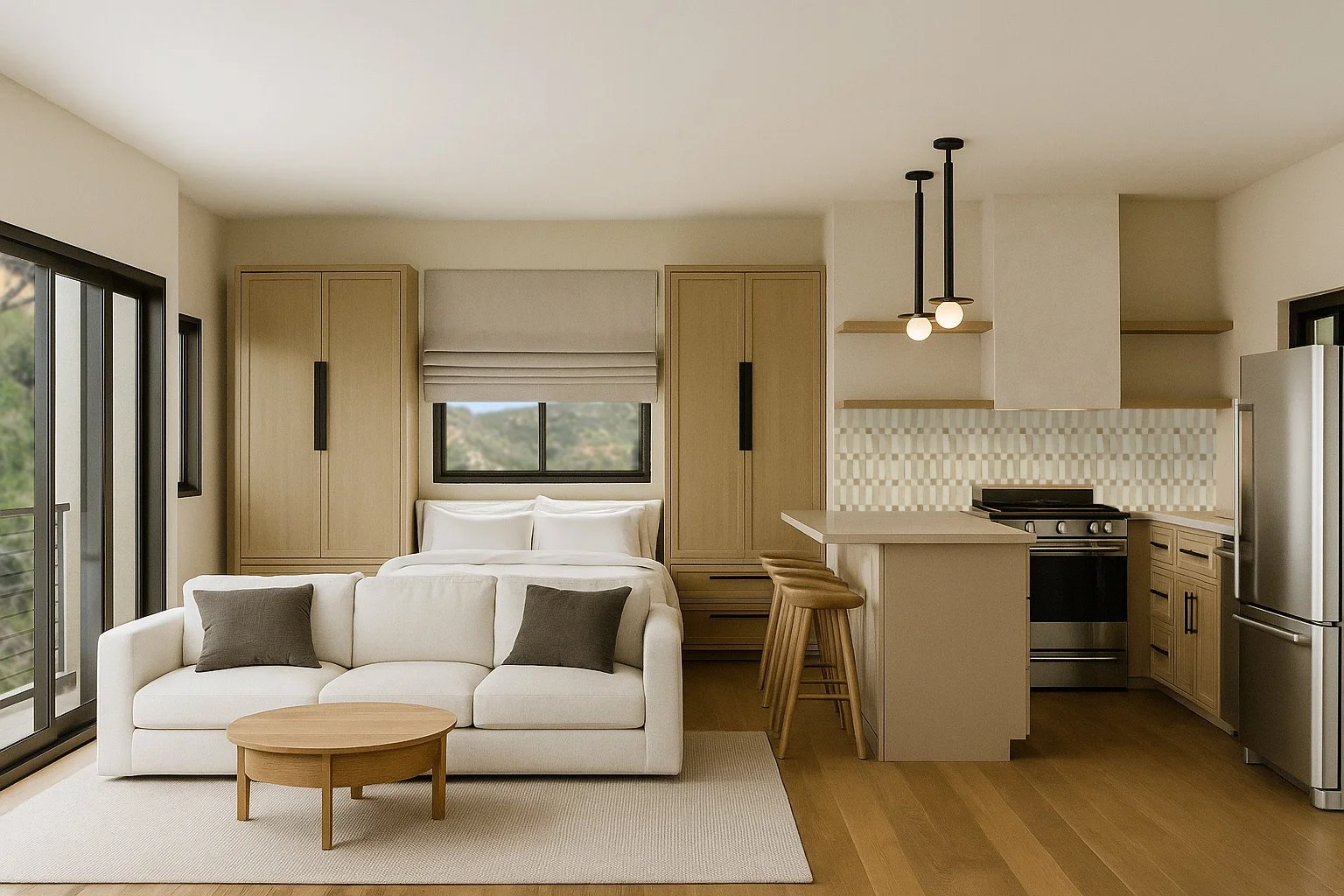 Open-concept studio ADU with living room and kitchen with light wood cabinetry, white walls, beige sofa with gray pillows, small round wooden coffee table, barstools, and modern lighting fixtures.