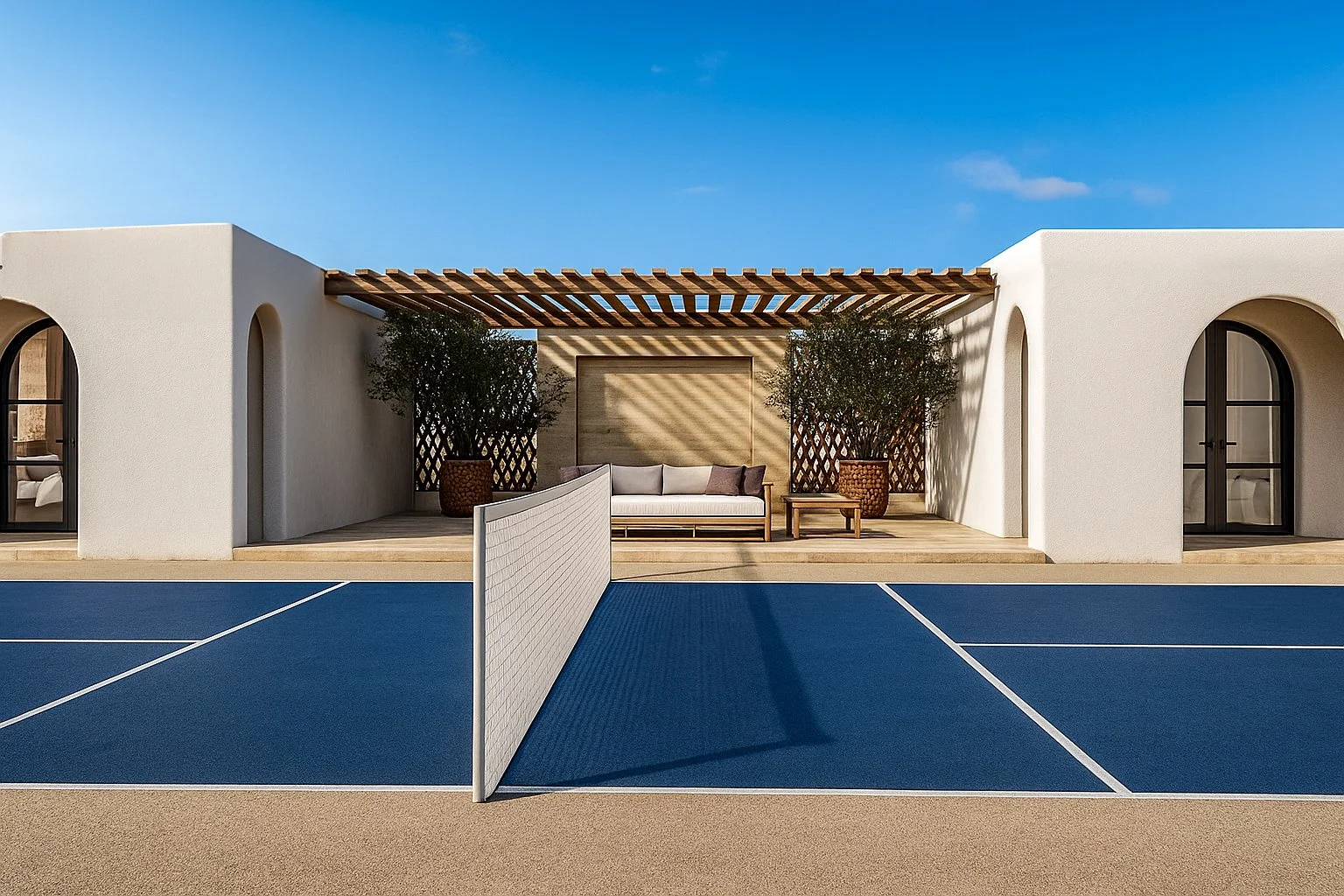 Beach house with white stucco walls, arched windows, and a wooden pergola above a seating area. The home is designed around a custom pickleball court.
