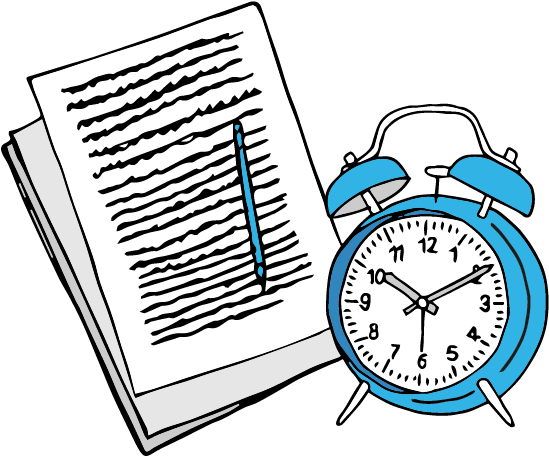 An alarm clock and a notepad with handwritten notes and a pen.