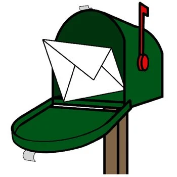 Green mailbox with envelope inside, mounted on a post with a red flag up.