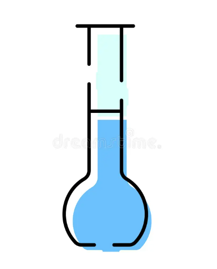 Simple illustration of a laboratory flask filled with blue liquid, with a glass tube positioned inside the flask.
