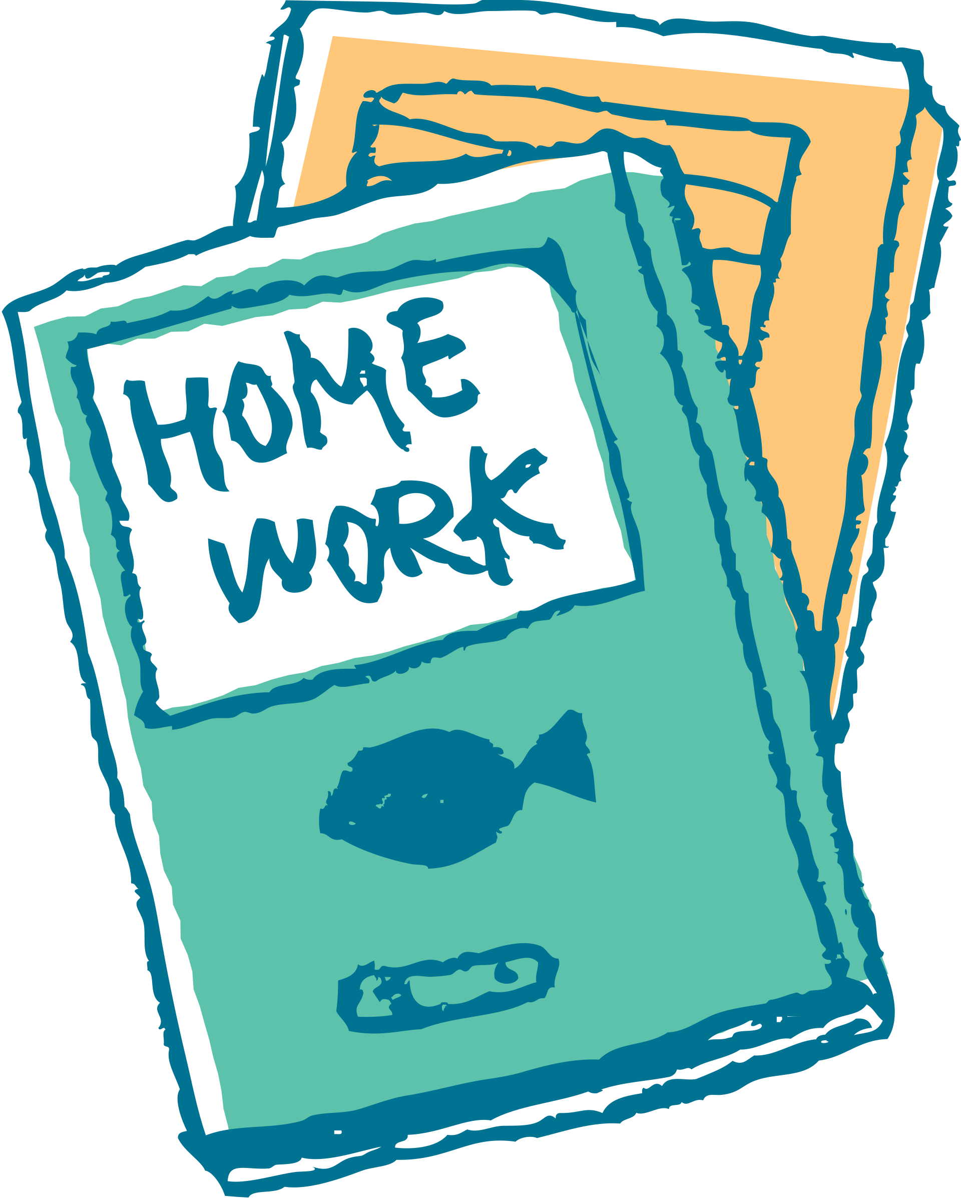 A stylized drawing of a small stack of books with the top book titled 'Home Work' and a fish symbol on the cover.