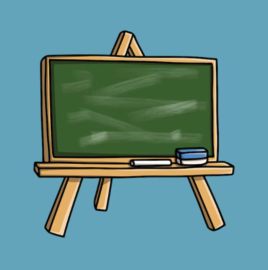 A cartoon chalkboard on an easel with chalk and eraser in front, against a blue background.